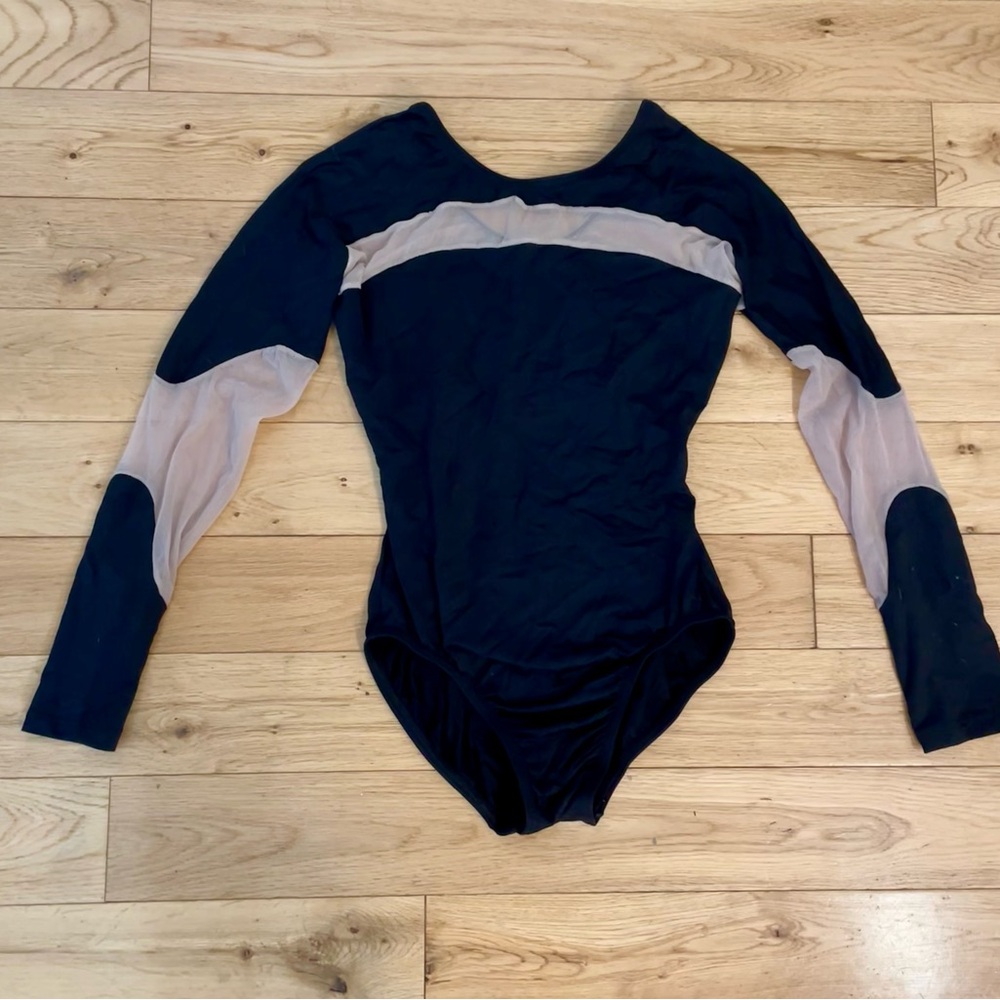 Unique Long Sleeve Black Leotard with Flesh Colored Mesh